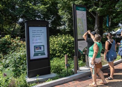 people looking at signs